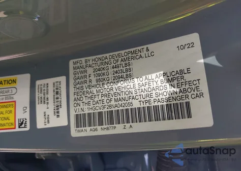 2022 Honda Accord Hybrid Sport из США, поврежденный, VIN 1HGCV3F28NA042055